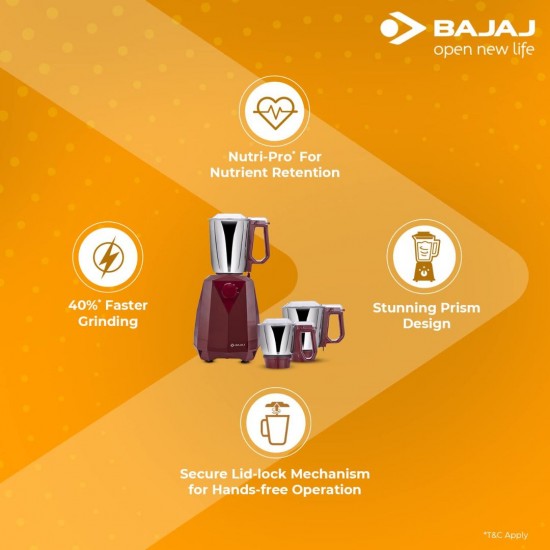 BAJAJ Juvel Mixer Grinder (MAROON) 240 W Mixer Grinder (410554 | 3 Jars | Maroon)