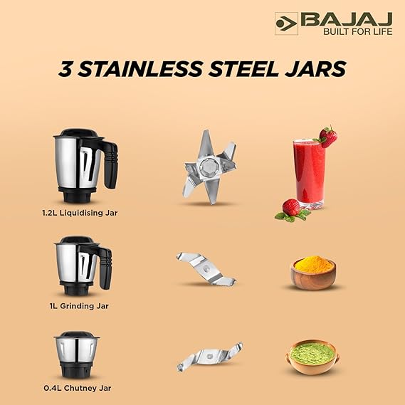 BAJAJ ?Military Series Finesse 750W Midnight Black 750 W Mixer Grinder (?Military Series Finesse 750W Midnight Black | 3 Jars | Black)