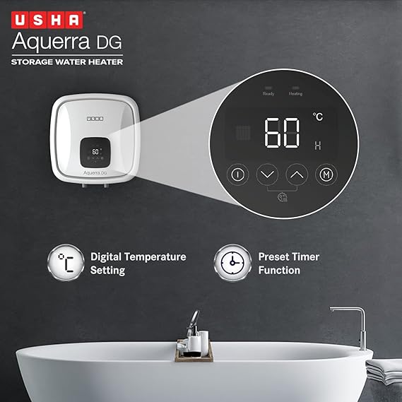 Usha Aquerra DG 15L 5-Star Digital Storage Water Heater (White) with Remote Control, Wall-Mounted Design – Energy Efficient and Convenient.