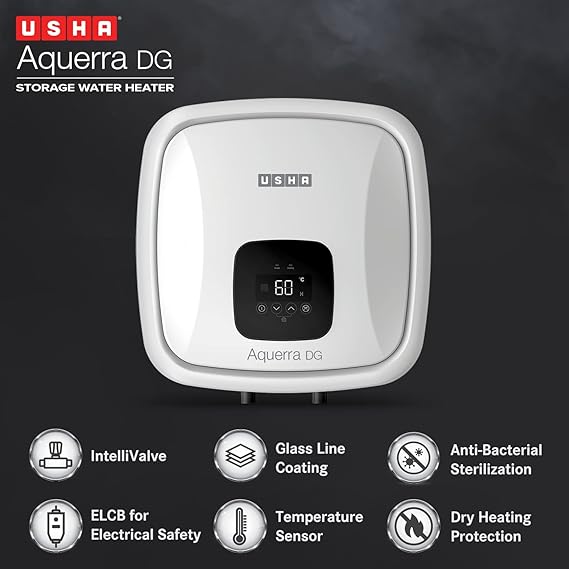 Usha Aquerra DG 15L 5-Star Digital Storage Water Heater (White) with Remote Control, Wall-Mounted Design – Energy Efficient and Convenient.