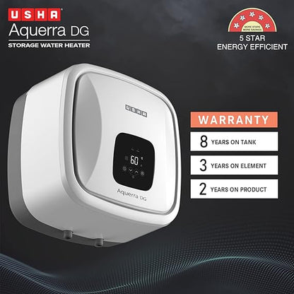 Usha Aquerra DG 15L 5-Star Digital Storage Water Heater (White) with Remote Control, Wall-Mounted Design – Energy Efficient and Convenient.