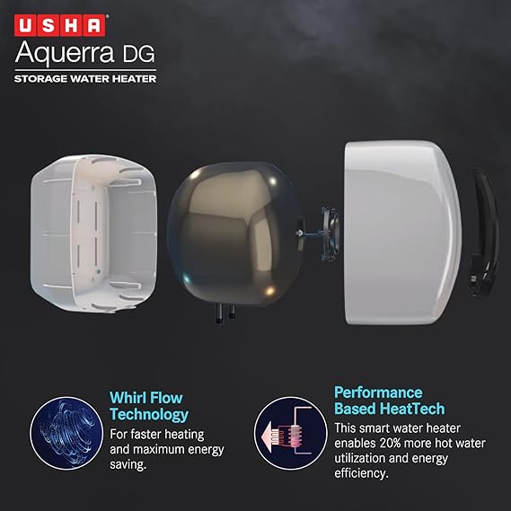 Usha Aquerra DG 15L 5-Star Digital Storage Water Heater (White) with Remote Control, Wall-Mounted Design – Energy Efficient and Convenient.