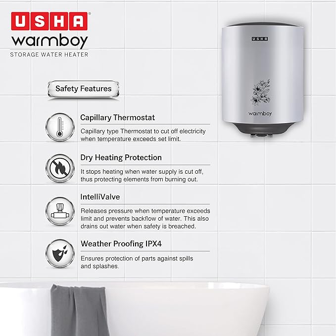 USHA Warmboy 25 Litre Storage Wall Water Heater (White)