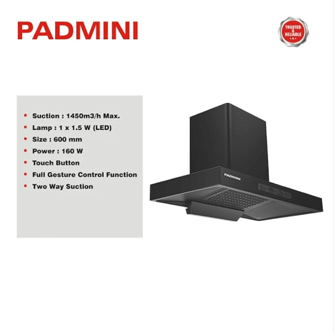 Padmini Essentia Turbo 60 Auto Auto Clean Wall and Ceiling Mounted BLACK 1450 CMH Chimney