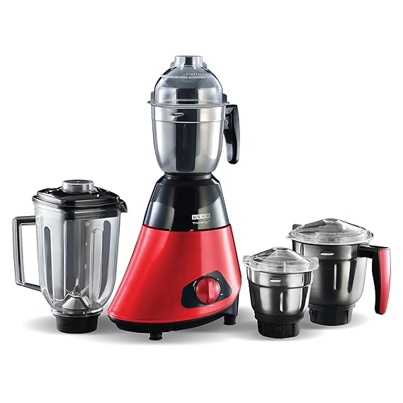 USHA TRIENERGY 800 W Mixer Grinder  (Plus Mixer Grinder, 800 Watt Copper Motor with Quadri Flow Square Shaped Blender Jar, 6 fin Whirl Wind Food Safe Blade (Red) | 4 Jars | Red, Black)