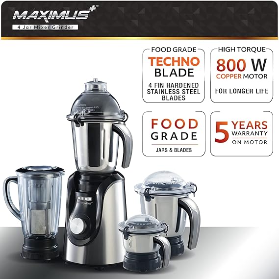 USHA Maximus Plus 800 W Mixer Grinder  (MP800MX4 | 4 Jars | with 1 year extended warranty | Black, Silver)