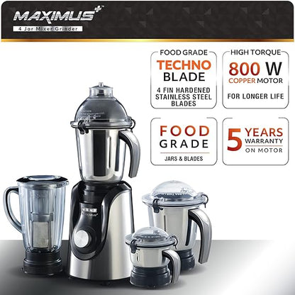 USHA Maximus Plus 800 W Mixer Grinder  (MP800MX4 | 4 Jars | with 1 year extended warranty | Black, Silver)