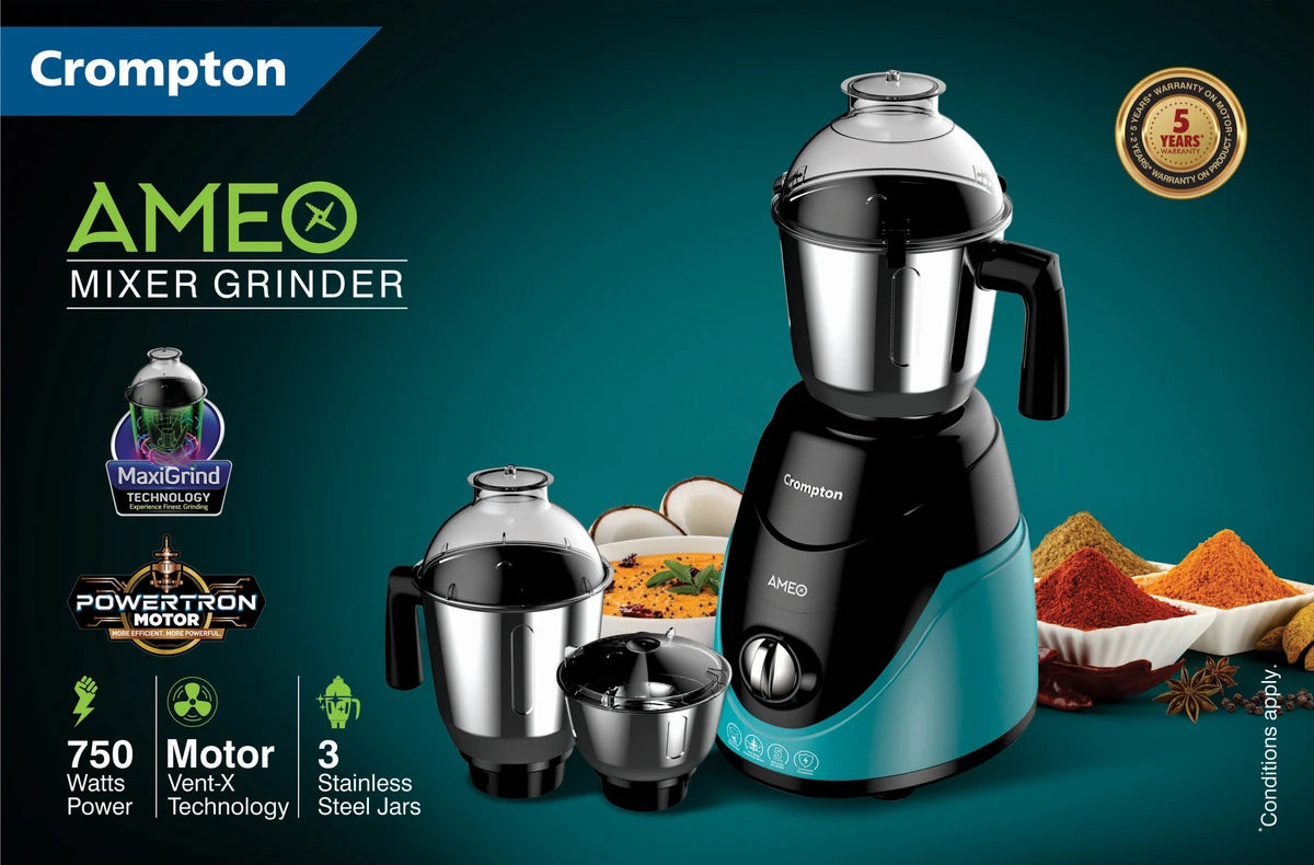 Crompton Amo 750 W Mixer Grinder  (ACGM - AMO | 3 Jars | Black, Green)