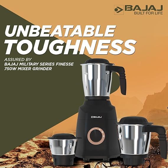 BAJAJ ?Military Series Finesse 750W Midnight Black 750 W Mixer Grinder  (?Military Series Finesse 750W Midnight Black | 3 Jars | Black)